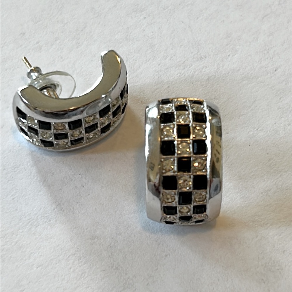 Vintage Dior Pierced Earrings Black & Crystal Checkered on Silver Color